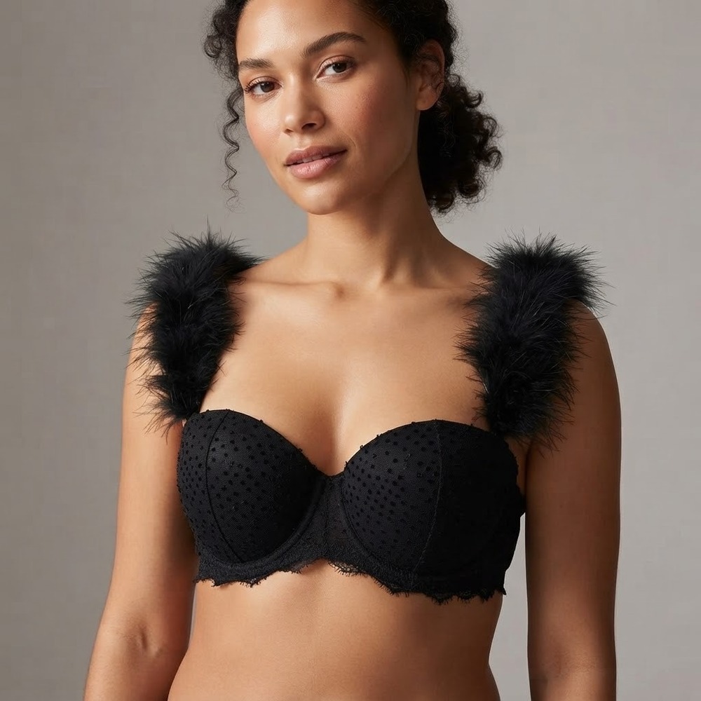 NEW Victorias Secret Black Swiss Dot Lace Demi Bra with Faux Fur Straps 38D Sexy